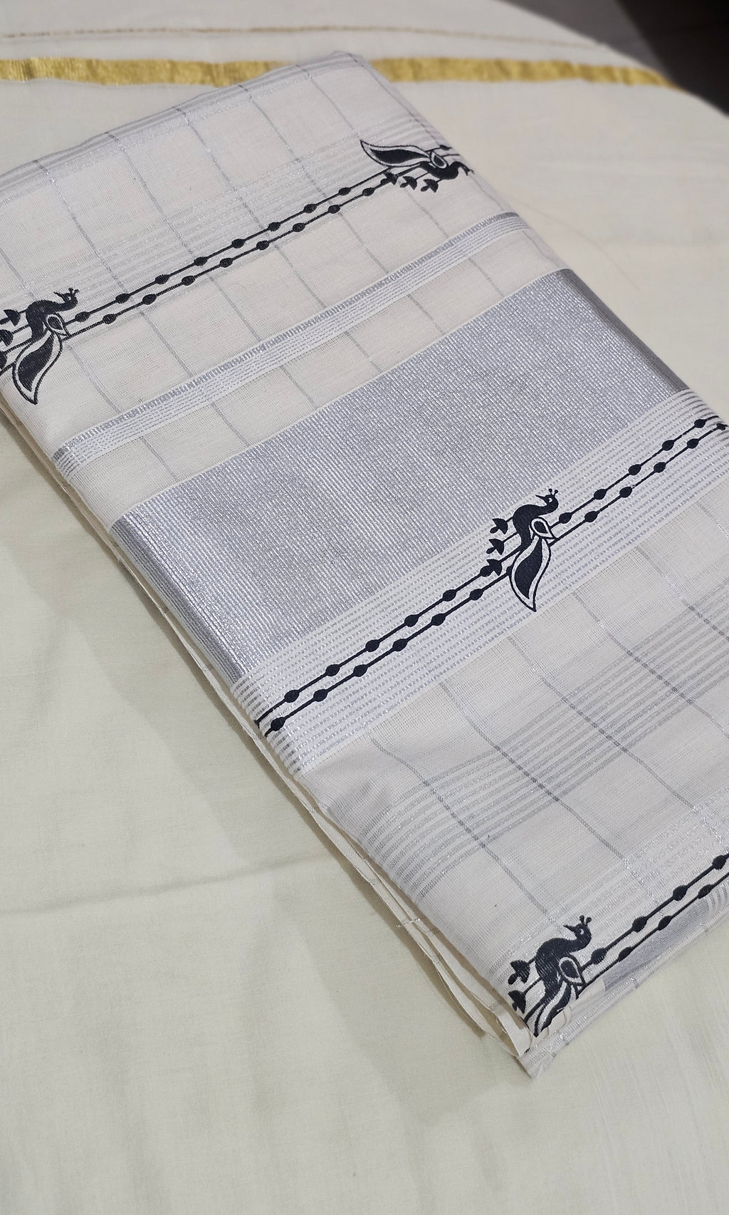 Silver check saree with silver kasavu & black prints- KM 420