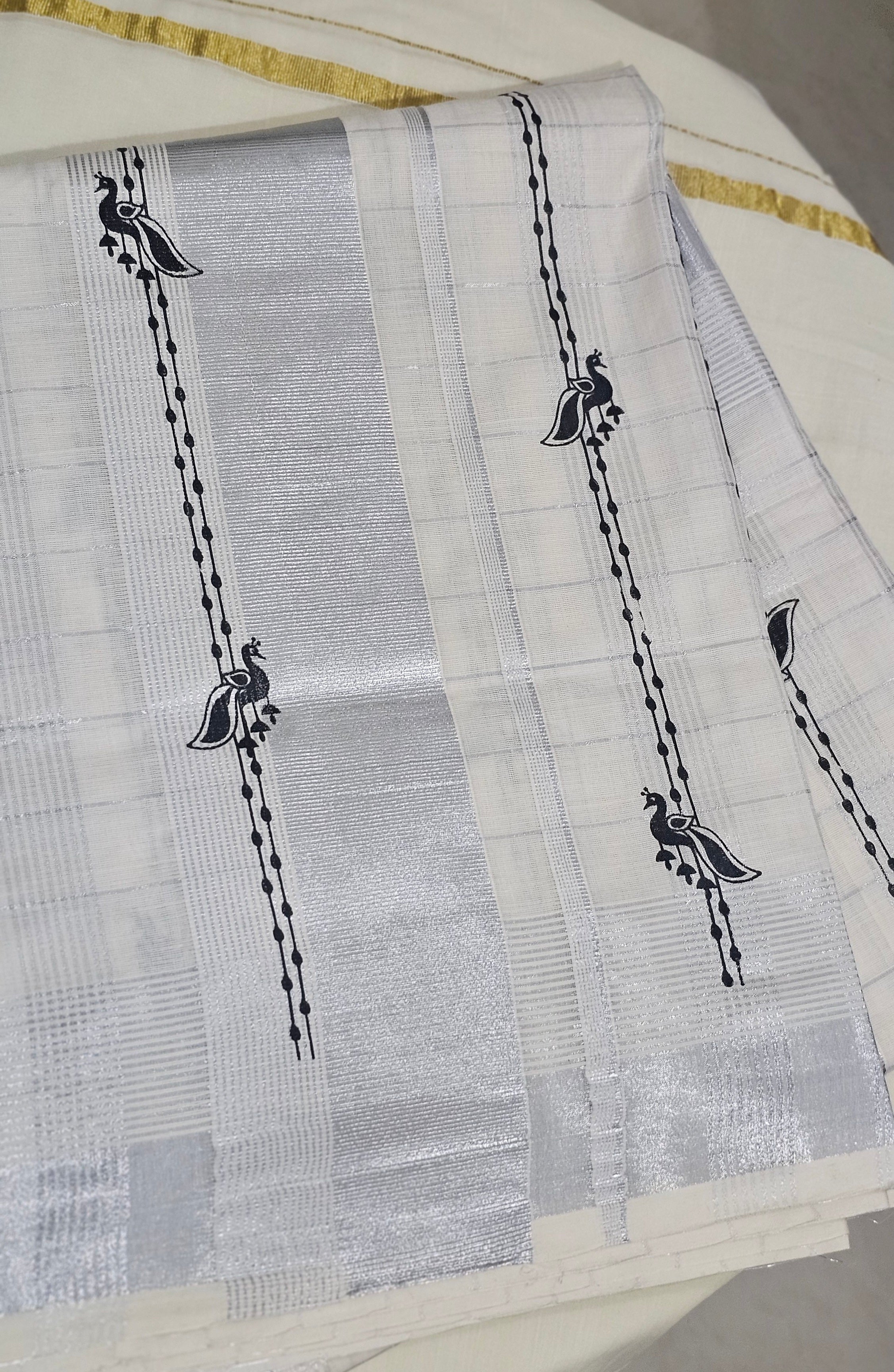 Silver check saree with silver kasavu & black prints- KM 420