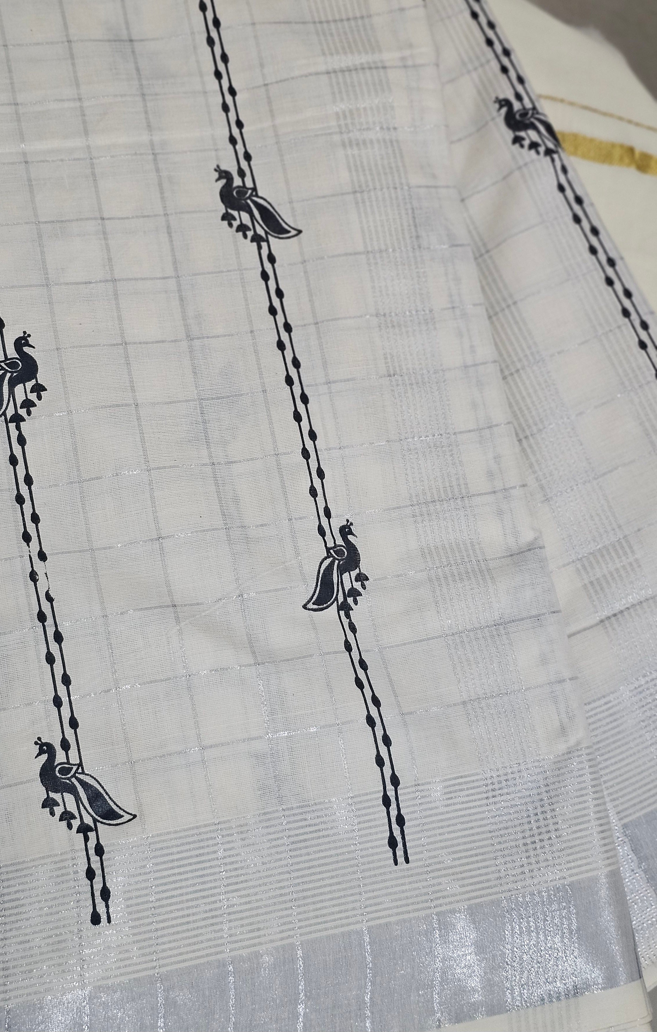 Silver check saree with silver kasavu & black prints- KM 420