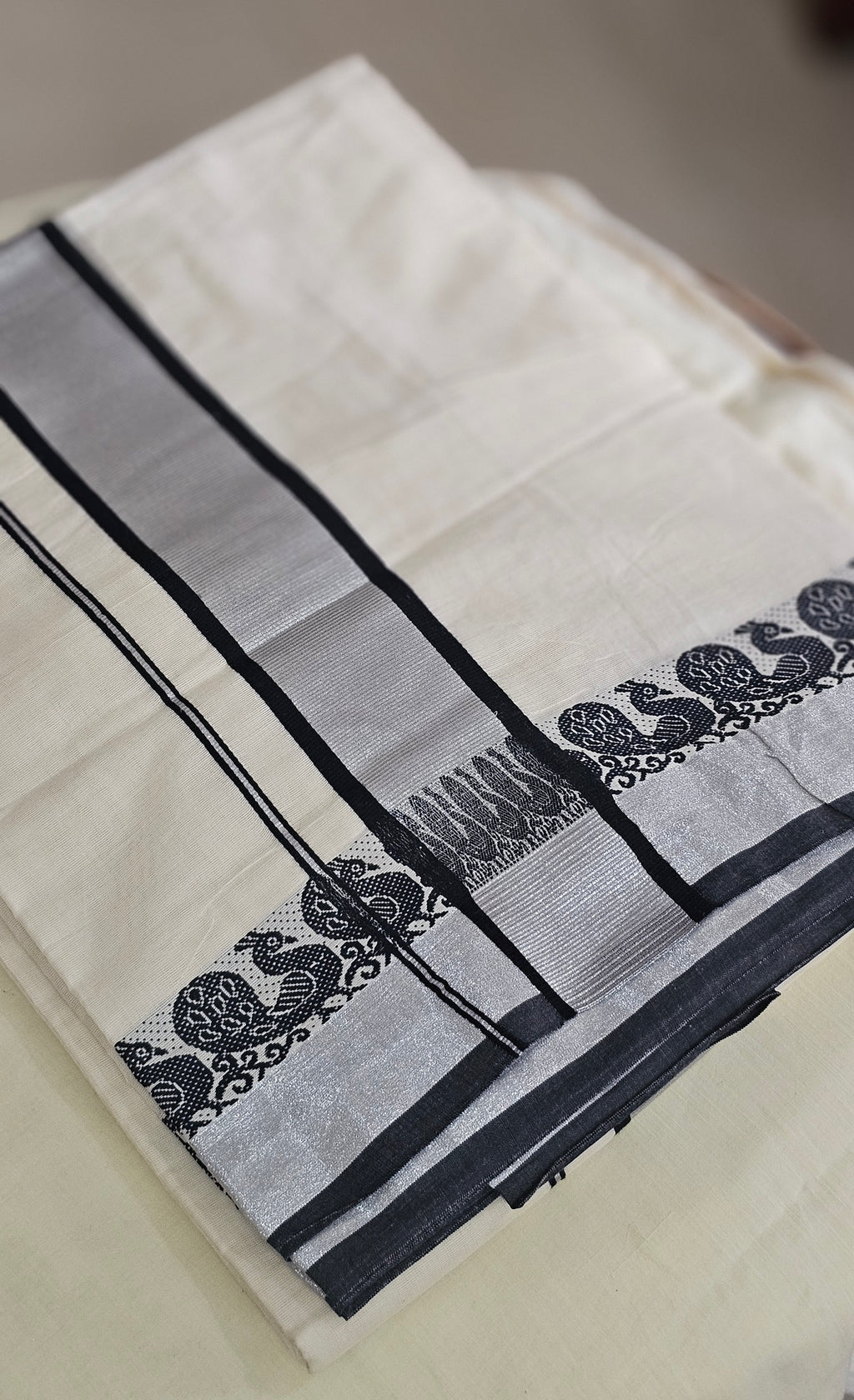 Silver kasavu with black borders saree - KM 414