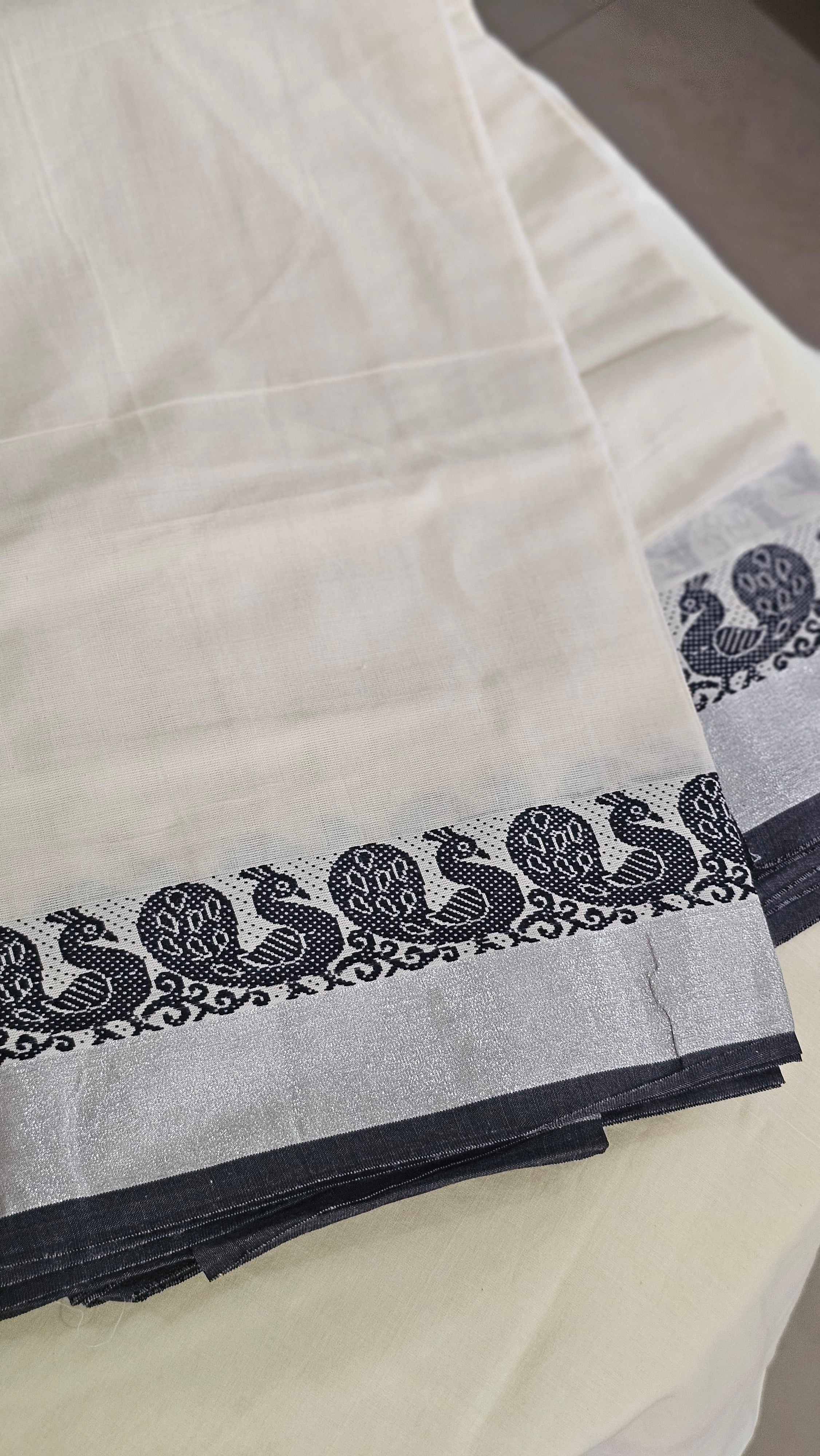 Silver kasavu with black borders saree - KM 414