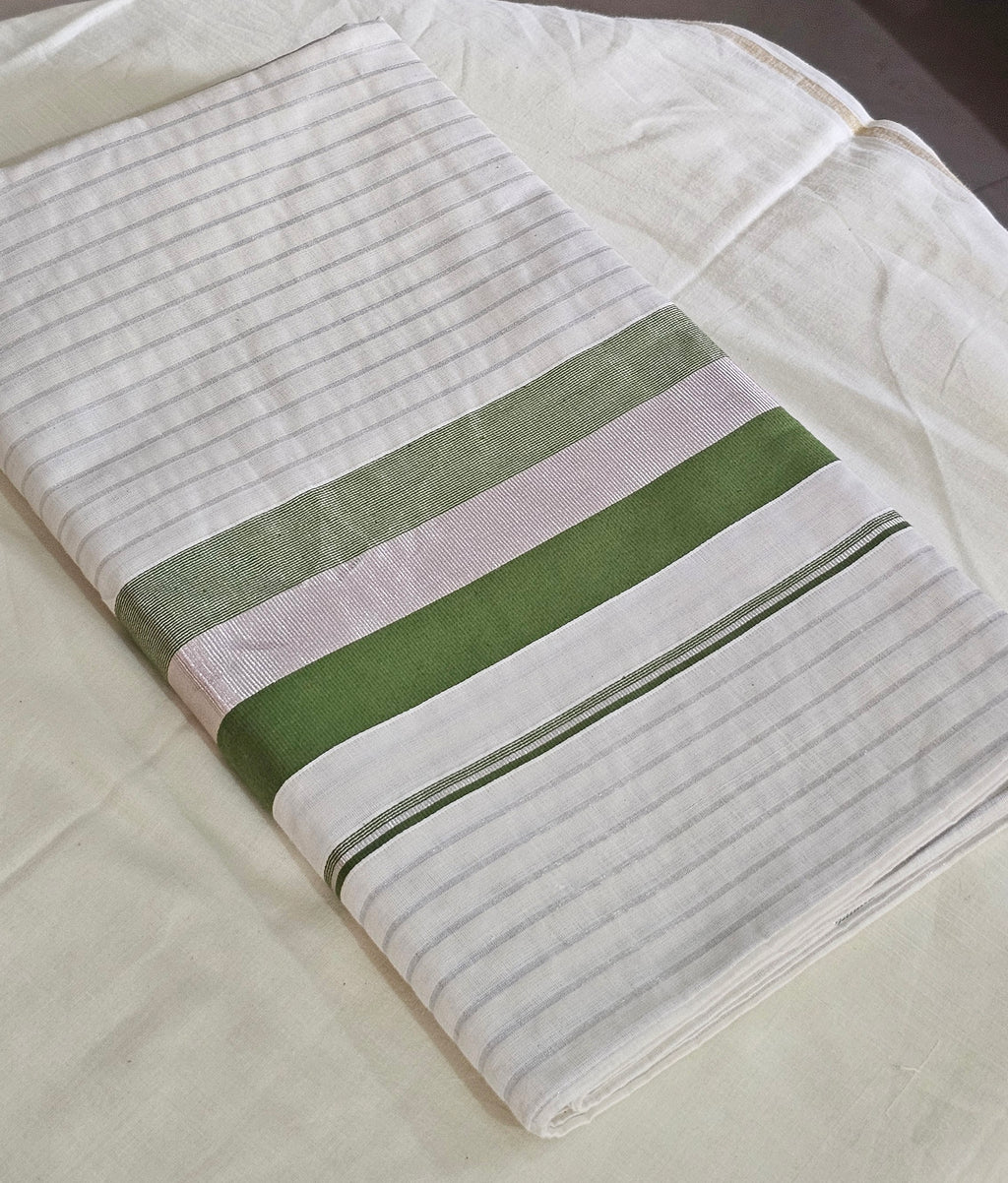Green border with silver kasavu saree - KM 413