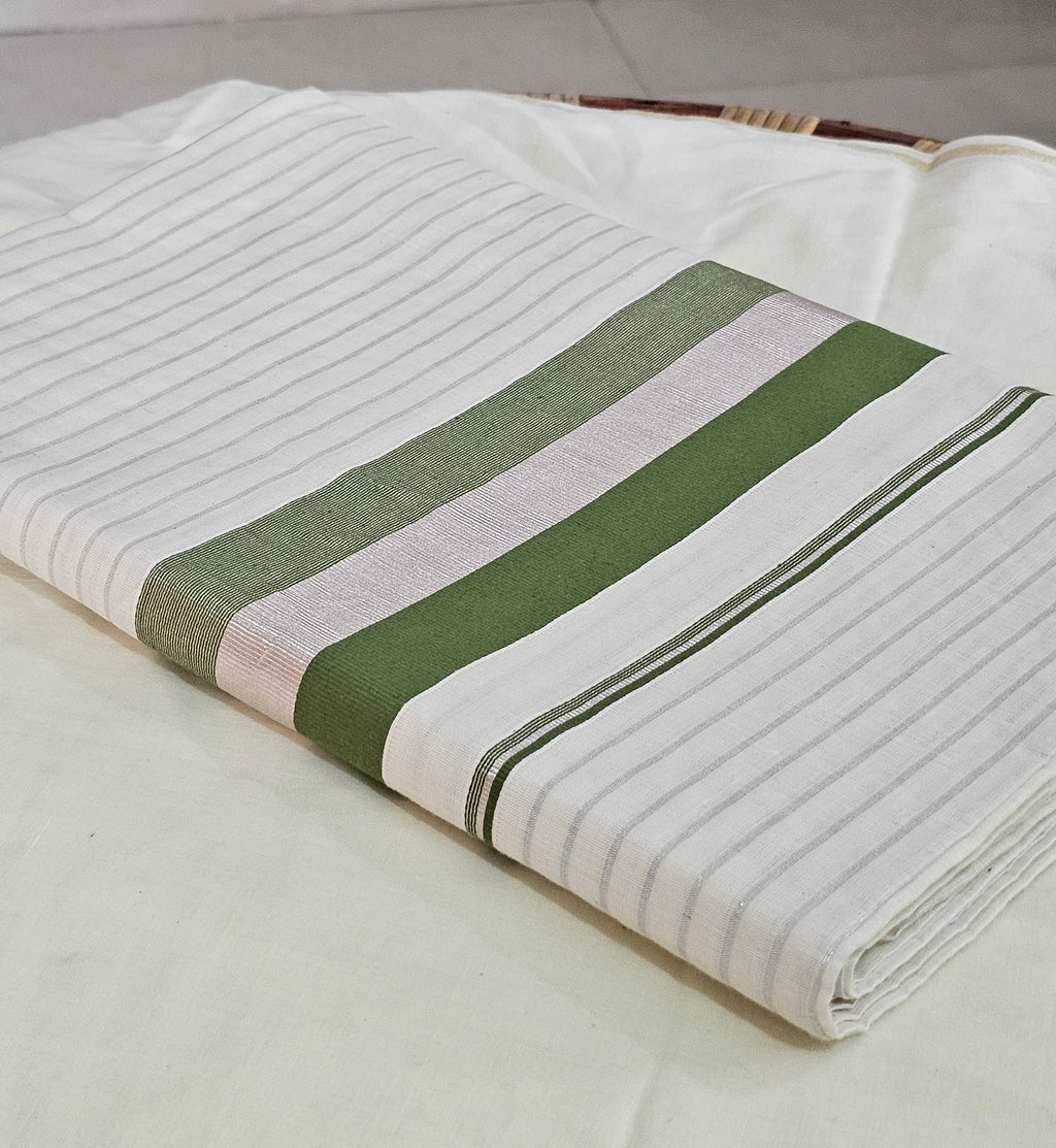 Green border with silver kasavu saree - KM 413