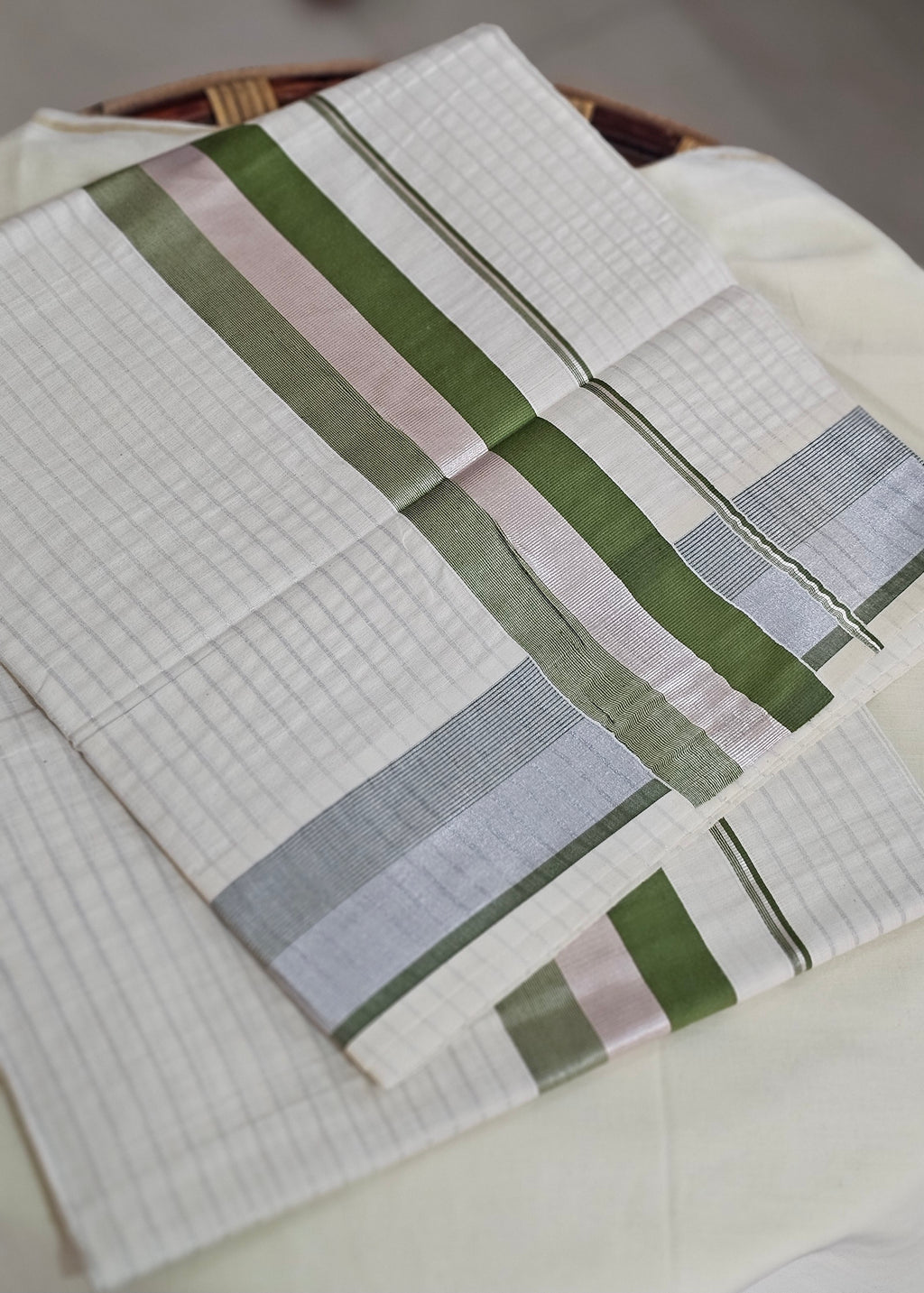 Green border with silver kasavu saree - KM 413