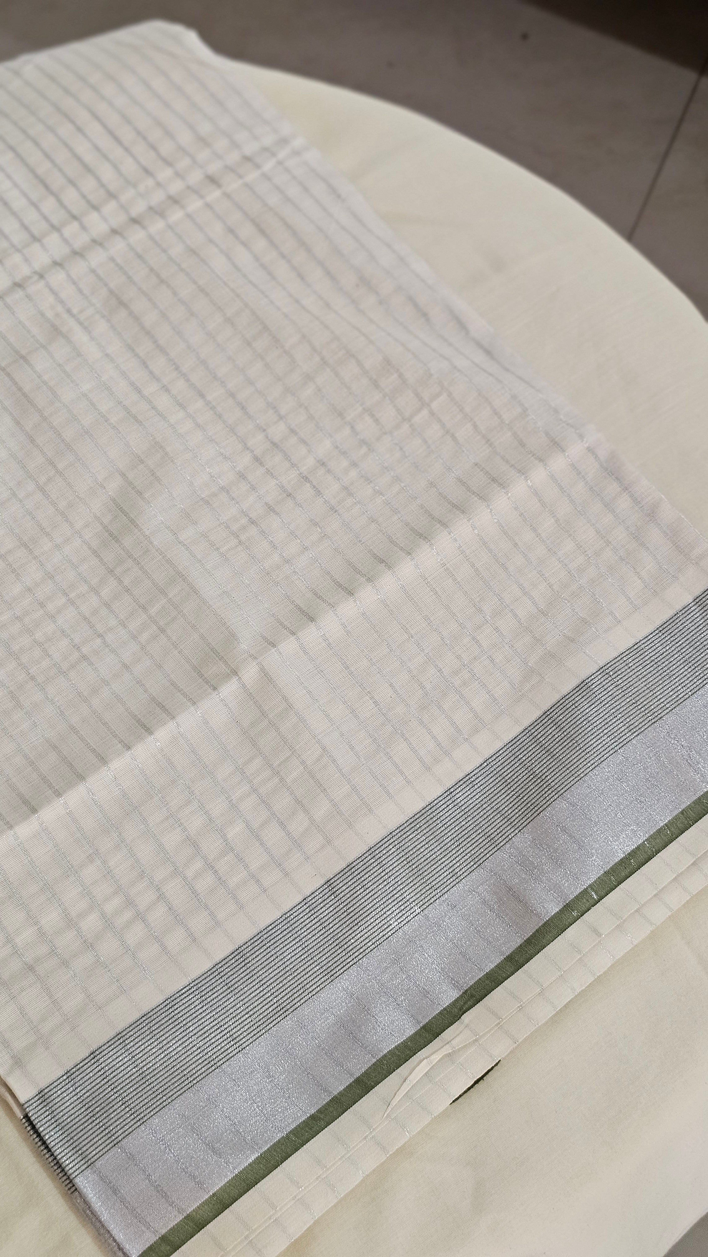 Green border with silver kasavu saree - KM 413
