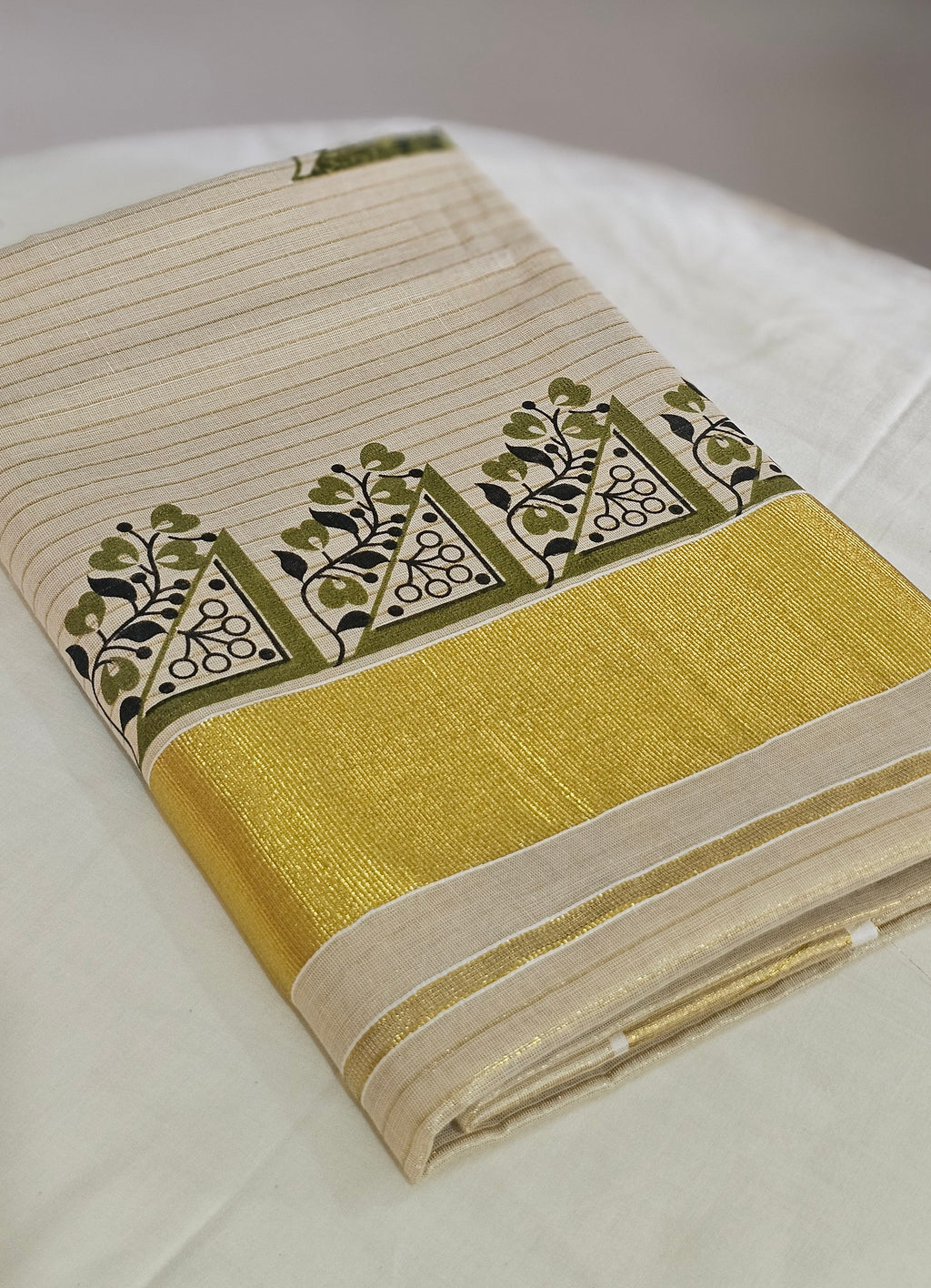 Striped kasavu saree with olive green & black prints - KM 422