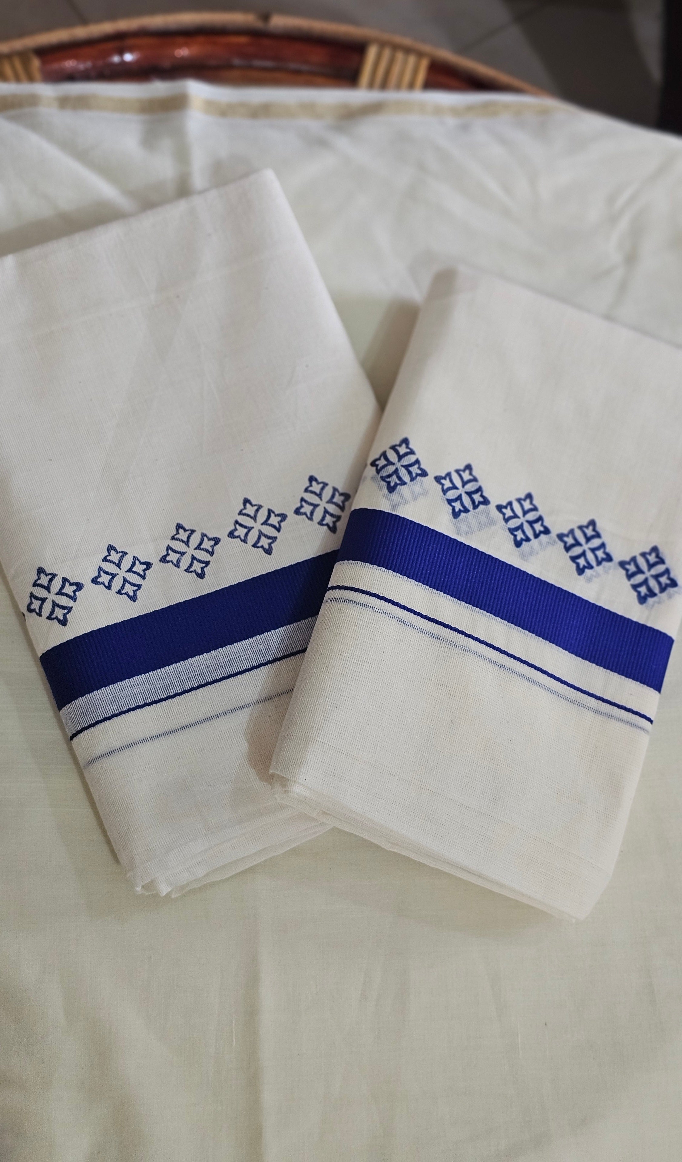 Blue printed cotton set mundu - KM 410