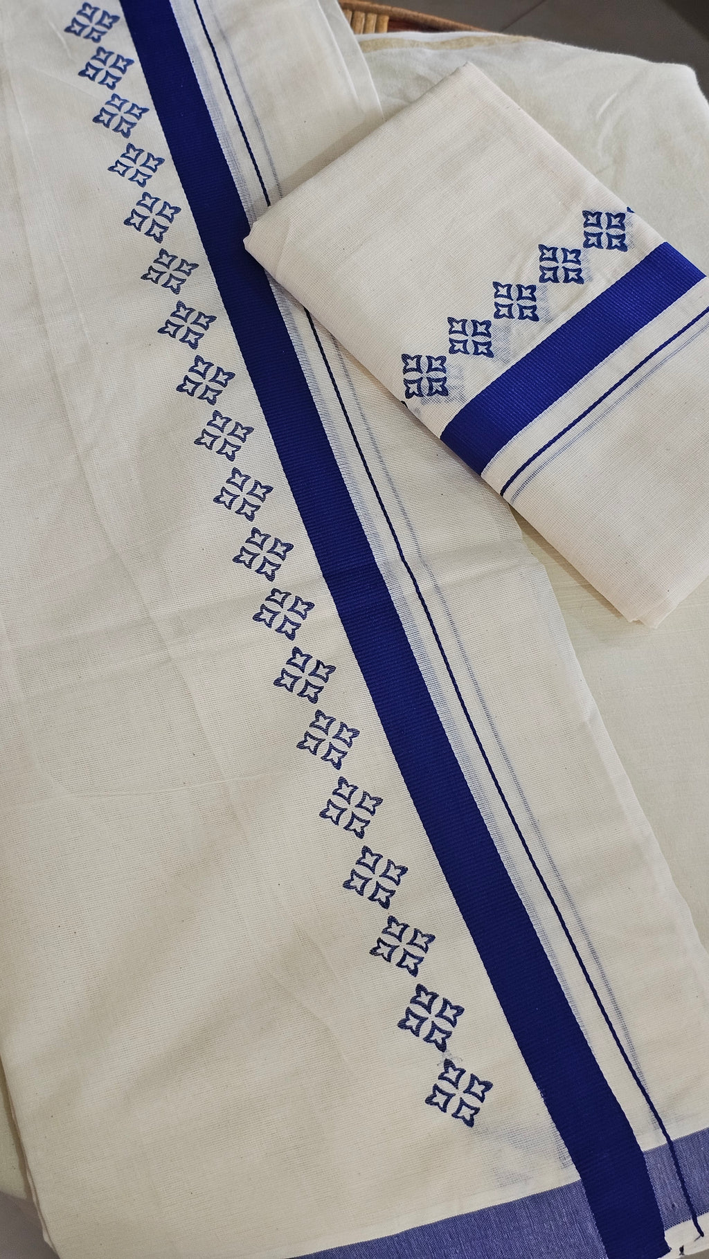 Blue printed cotton set mundu - KM 410