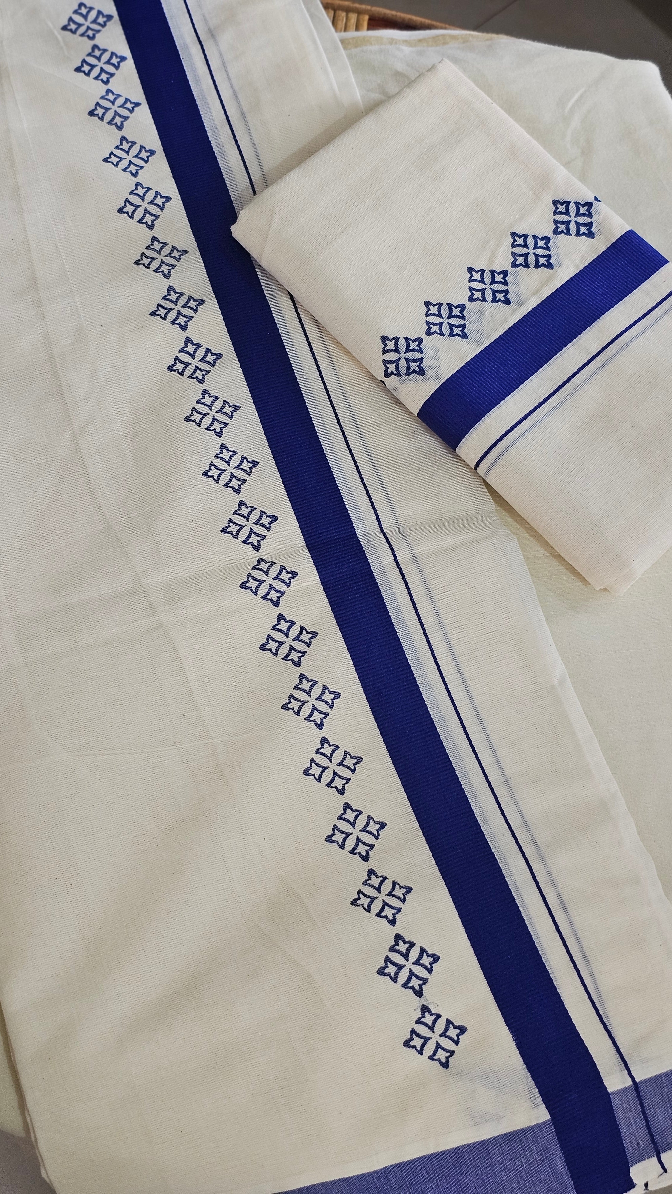 Blue printed cotton set mundu - KM 410