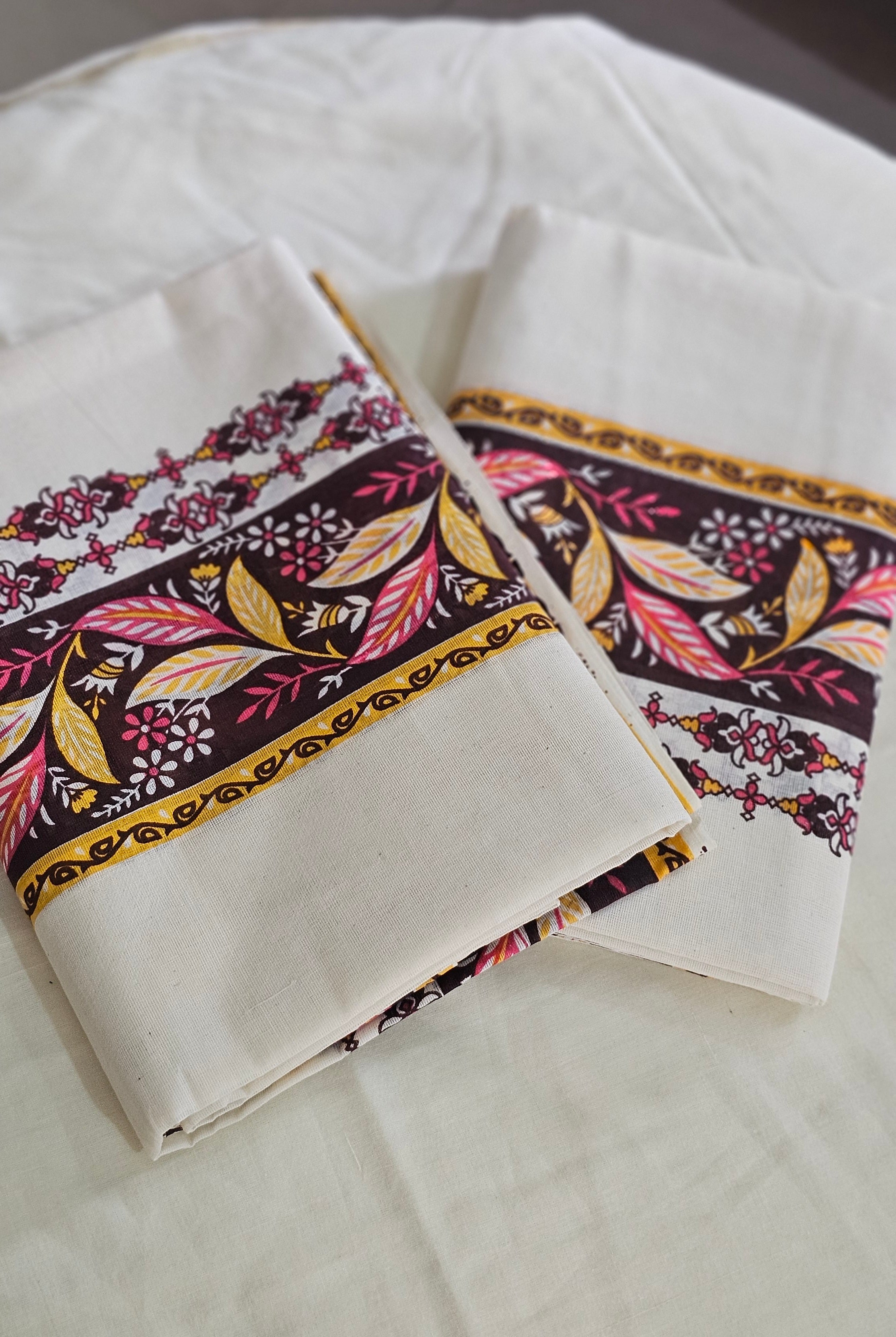 Brown & mustard printed set mundu with blouse  - KM 408
