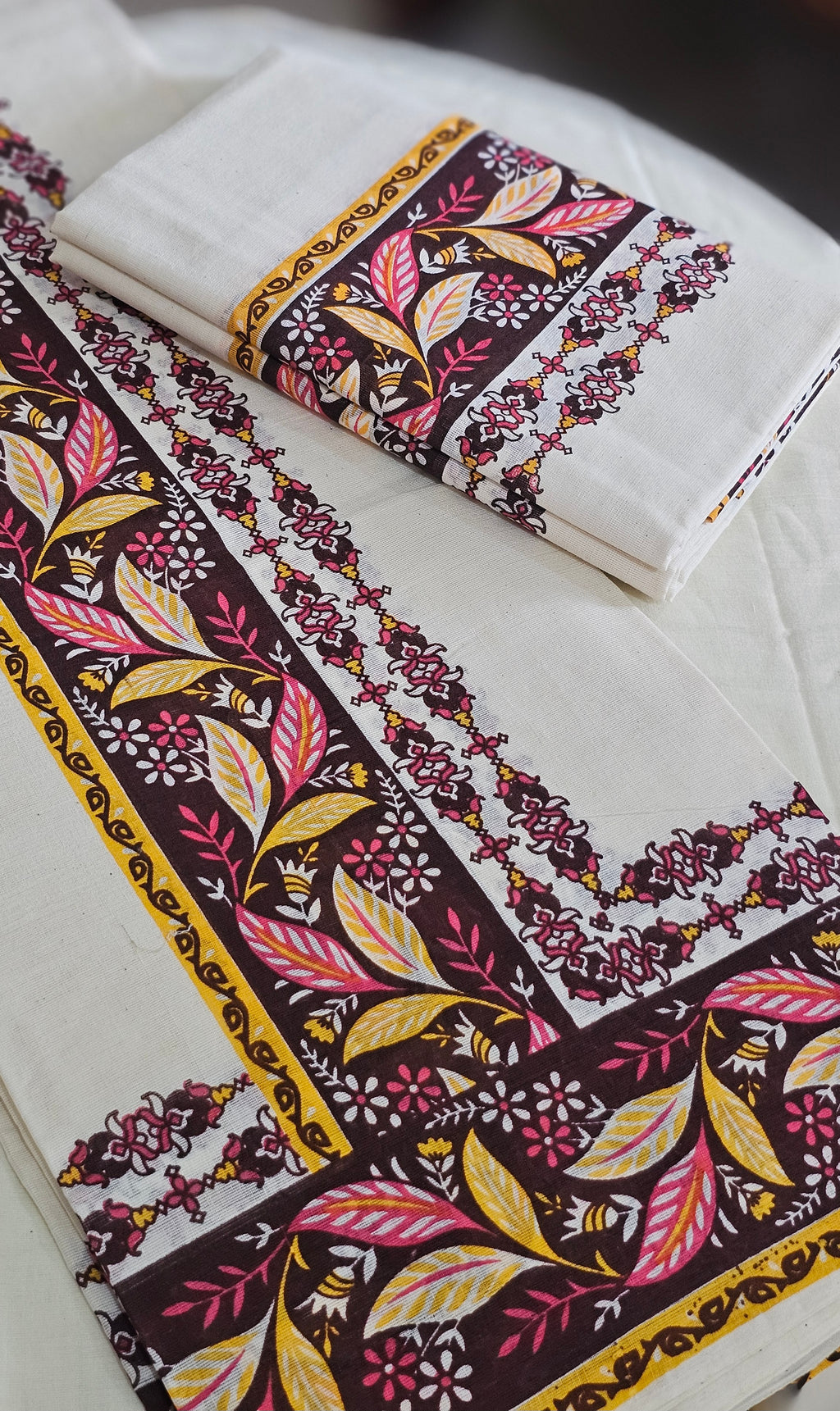 Brown & mustard printed set mundu with blouse  - KM 408