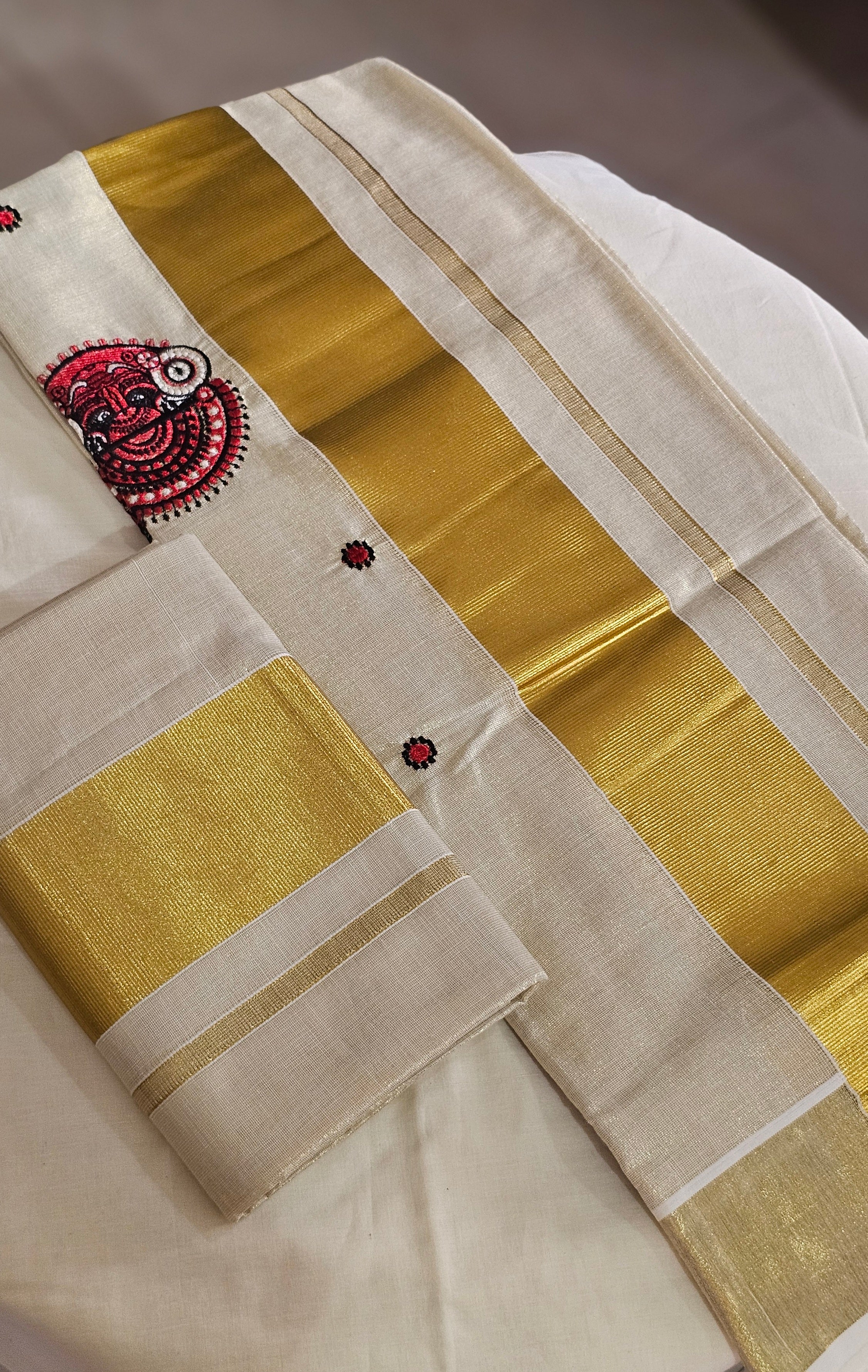 Theyyam embroidered tissue set mundu- KM 426