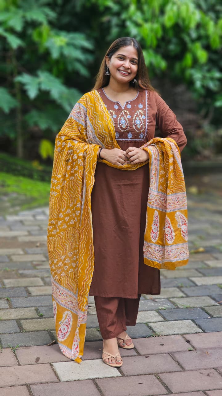 Brown Embroidered Kurta Set with Mustard Dupatta-KM127