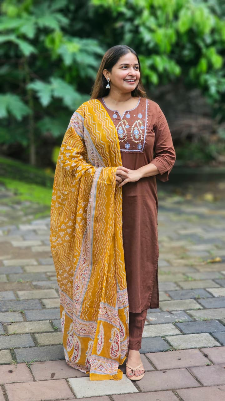 Brown Embroidered Kurta Set with Mustard Dupatta-KM127