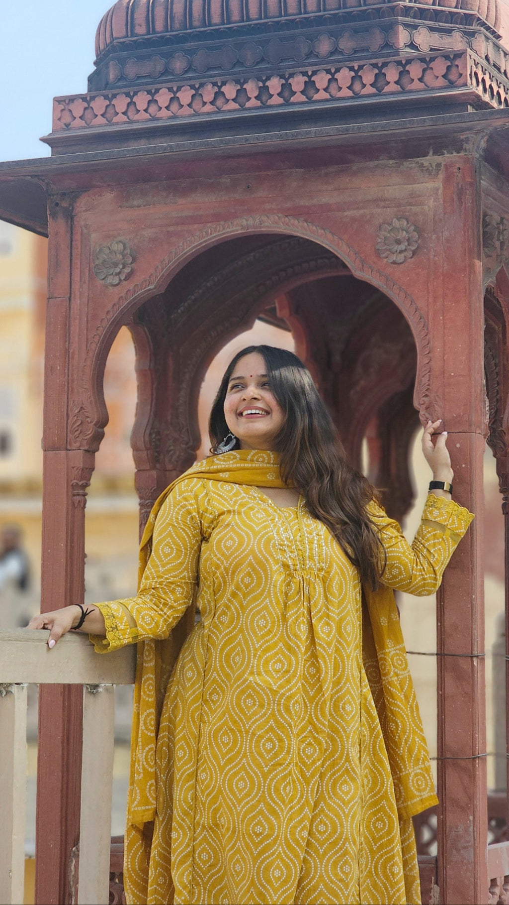 Mustard Ethnic Printed Cotton A-Line Set -KM110