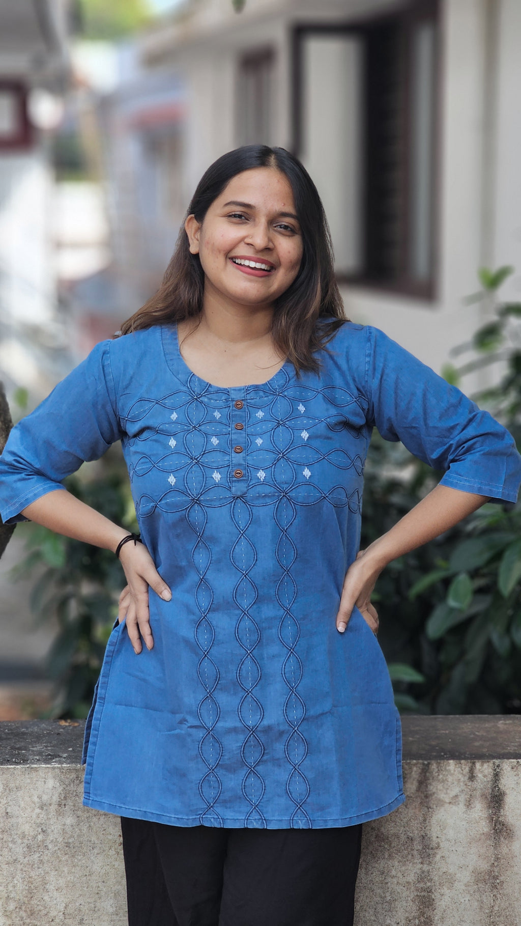 Blue Embroidered Denim Short Kurti -KM208