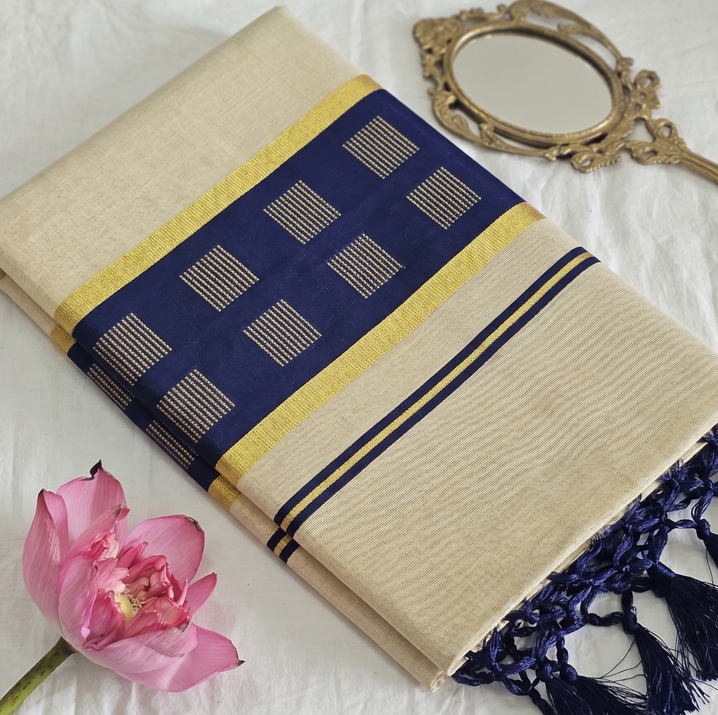 Kerala kasavu saree with green tassels - KM323