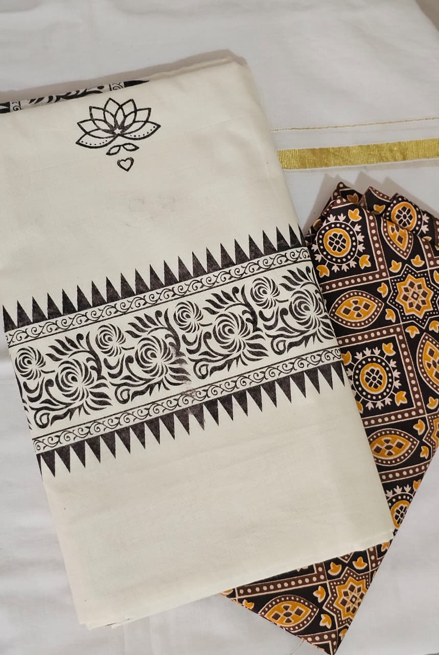 Off white saree with dark brown prints - KM 412