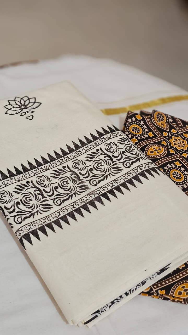 Off white saree with dark brown prints - KM 412
