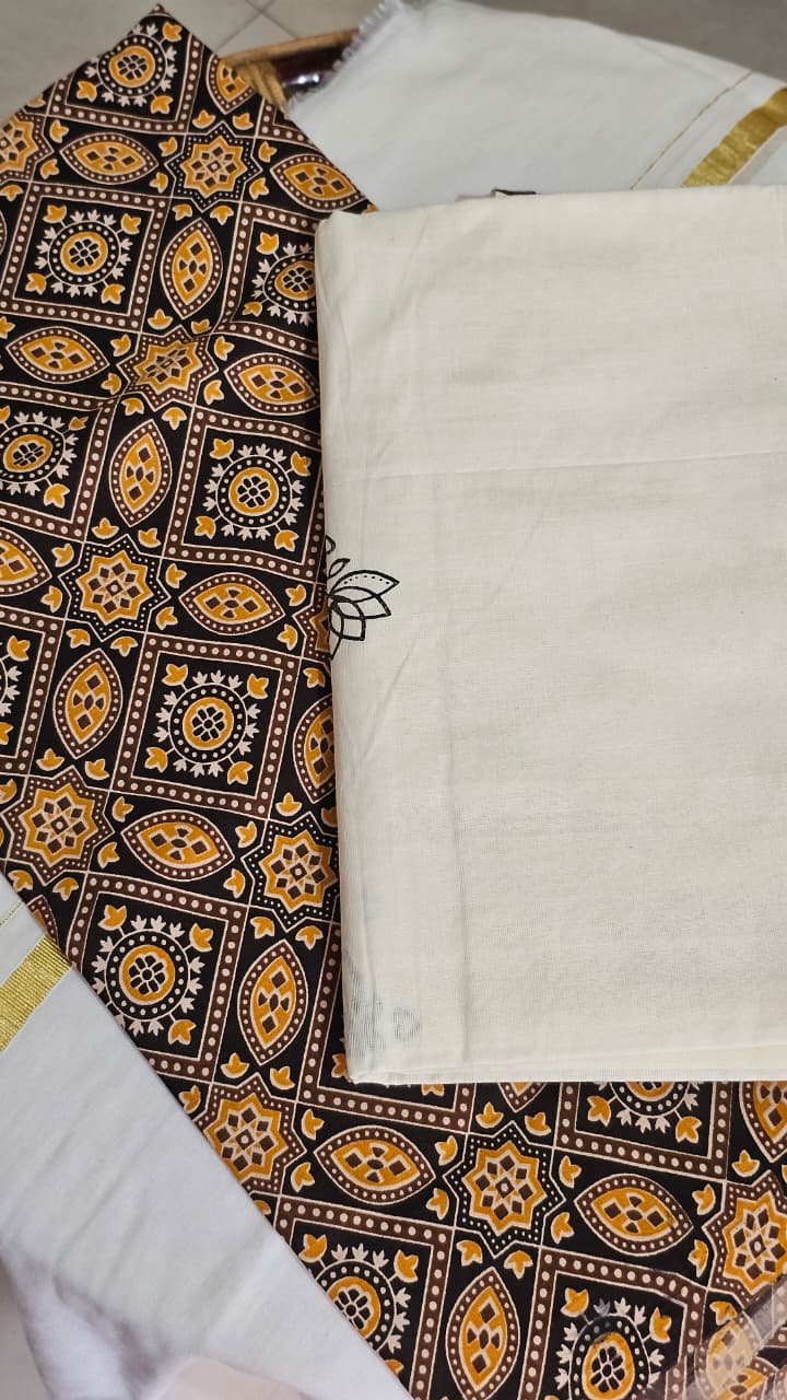 Off white saree with dark brown prints - KM 412