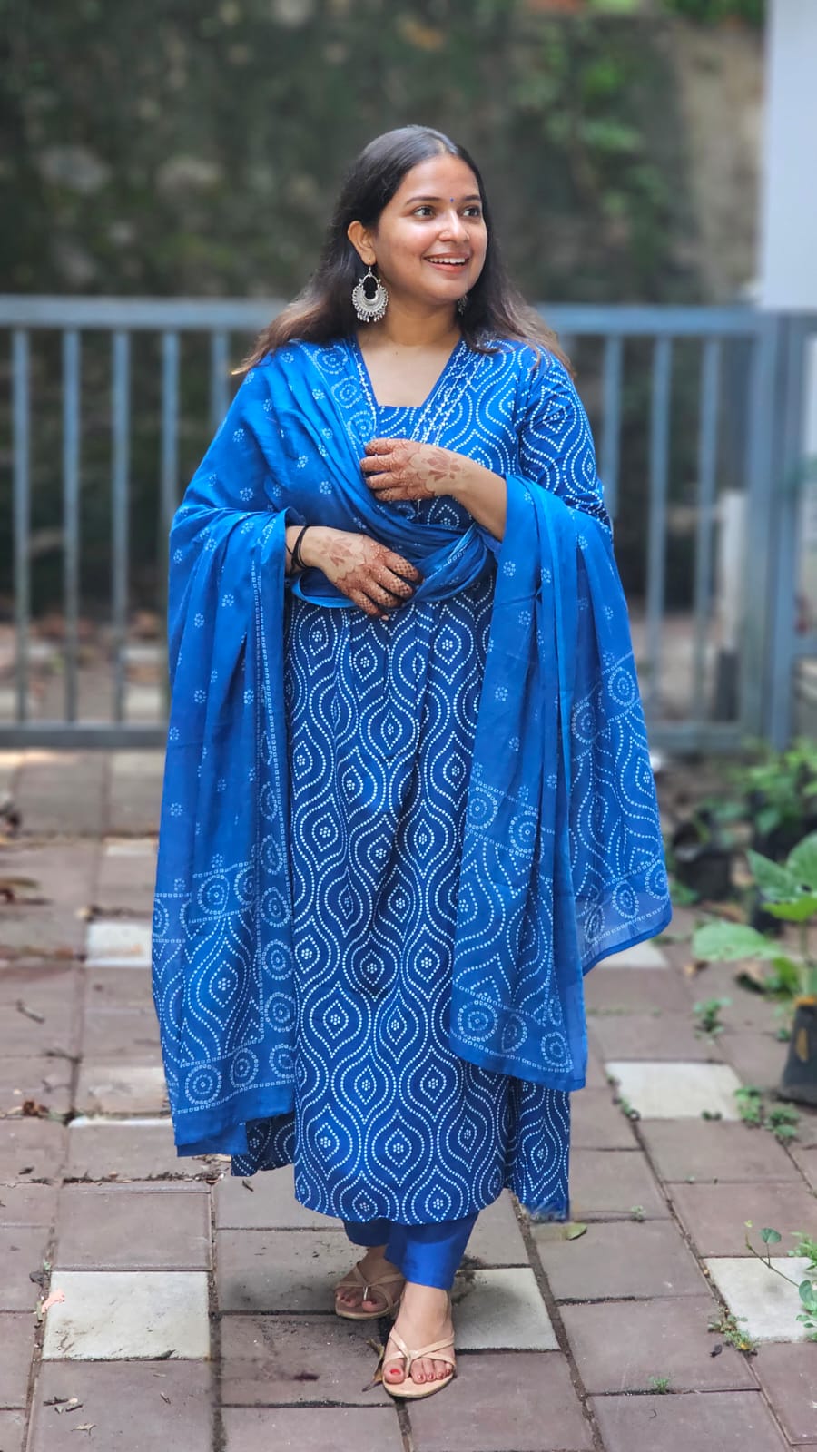 Blue Ethnic printed cotton A-line kurta set with dupatta - KM132